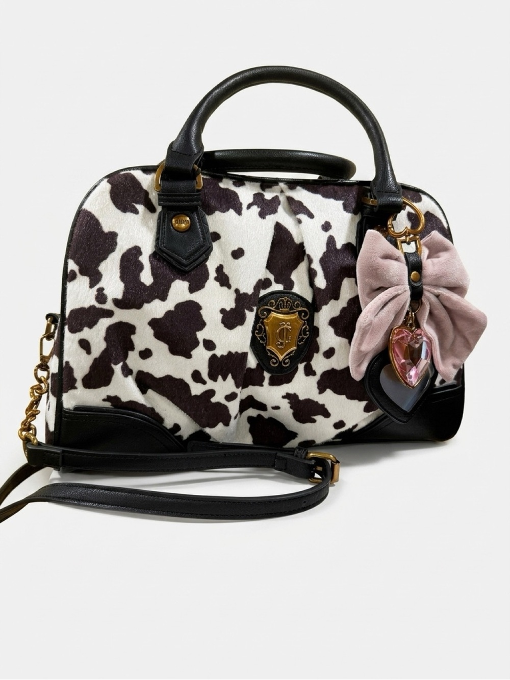 Juicy Couture Brown and White Cow-Print crossbody satchel pink Bow 🎀 heart Charm